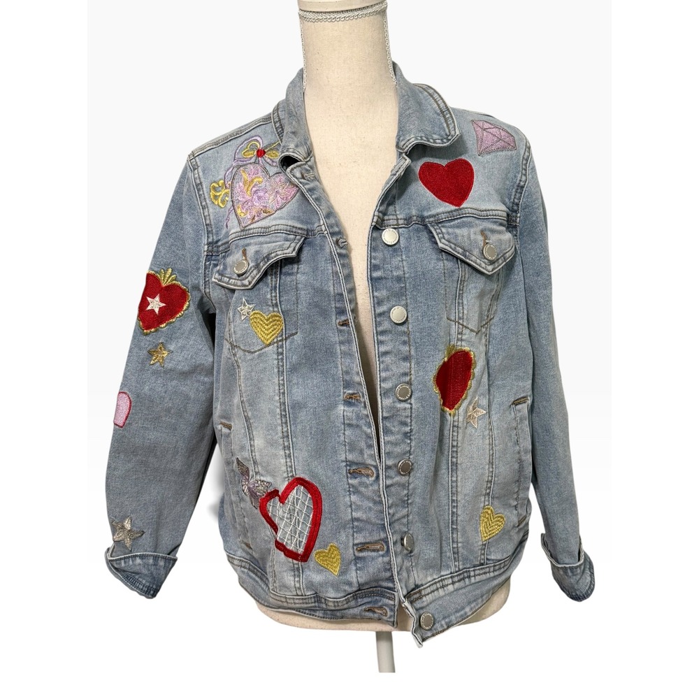 Diane Gilman DG2 Light Wash Denim Jacket Embroidered Hearts Stars Butterfly L